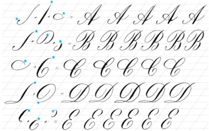 May include: A handwriting practice sheet with cursive letters A through E. Each letter is written multiple times with a black pen on lined paper.