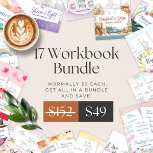 May include: A bundle of 17 calligraphy workbooks with various themes, including "Summer," "Valentine," and "Greeting Cards." The image features a coffee cup with latte art and the text "17 Workbook Bundle."
