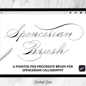 Peut inclure: Une illustration numérique du texte "Spencerian Brush" en écriture cursive sur un fond blanc. Le texte est écrit à l'encre noire. Sous le texte se trouve la phrase "A pointed pen Procreate brush for Spencerian calligraphy". L'icône de l'application Procreate se trouve dans le coin inférieur droit de l'image.
