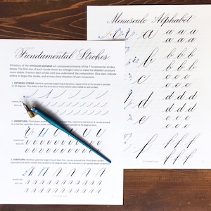 May include: A calligraphy worksheet with instructions for creating seven fundamental strokes, including entrance stroke, underturn, and overturn. The worksheet also includes a practice sheet for writing the lowercase alphabet in cursive.