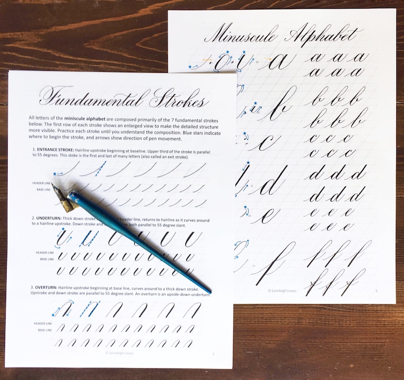 May include: A calligraphy worksheet with instructions for creating seven fundamental strokes, including entrance stroke, underturn, and overturn. The worksheet also includes a practice sheet for writing the lowercase alphabet in cursive.