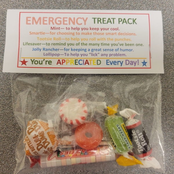 Emergency Treat Pack Sweet Thoughts goody bag, friends, co-workers, secretary, have a great day, smile, staff workplace gift