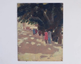 May include: A painting depicting a group of people walking under a large tree in a park. The painting is done in a loose, impressionistic style with muted colors. The people are dressed in casual clothing and are walking in a single file line. The tree is large and leafy, and its branches cast shadows on the ground. The painting is set in a park or outdoor setting.