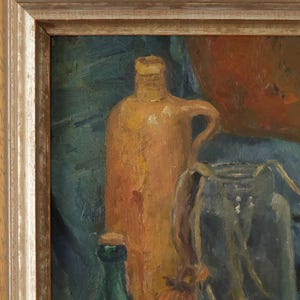 May include: A still life painting featuring a brown ceramic jug with a handle, a clear glass jar, and a green glass bottle. The background is a dark blue and green.
