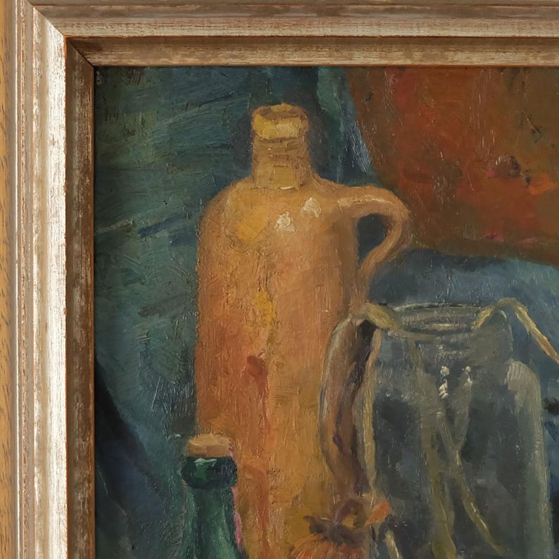 May include: A still life painting featuring a brown ceramic jug with a handle, a clear glass jar, and a green glass bottle. The background is a dark blue and green.