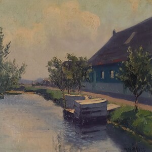May include: A painting of a canal scene with a house on the right side of the image. The house has a blue facade and a brown roof. There are trees in the foreground and a wooden boat docked on the canal.