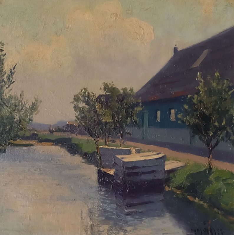 May include: A painting of a canal scene with a house on the right side of the image. The house has a blue facade and a brown roof. There are trees in the foreground and a wooden boat docked on the canal.