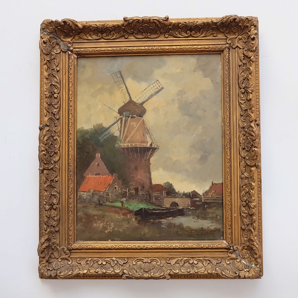 Antike romantische holländische Landschaftsmalerei in Öl auf Tafel. Alte Windmühle, Bauernhof und ein Boot im Wasser. Niederländische Schule.