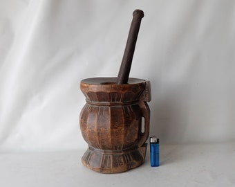 Turkey Anatolia Ottoman large heavy antique hand carved wooden mortar and iron pestle. Very decorative object in classic and modern kitchen