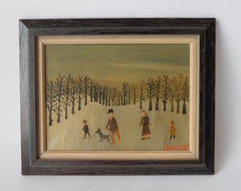 Berry Brugman (1915-1996) - mid-century 1960's oil on canvas naive painting in wooden frame - family with dog in a winter landscape