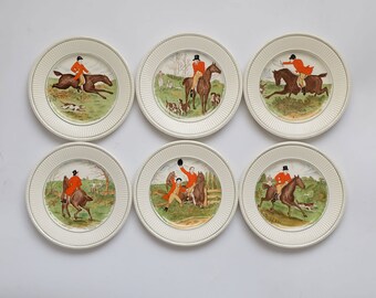 Wedgwood Edme England - 6 different vintage earthenaree plates with hunting scenes. Hand colored transfer and titled scenes of a hunt.