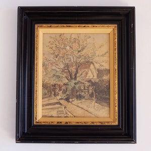 Johannes Akkeringa - tecnica mista, carboncino e acquarello raffigurante una casa con un albero in primo piano - spedizione gratuita in tutto il mondo -