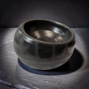 Puede incluir: Un cuenco de cerámica negro y redondo con acabado brillante y una abertura ancha. El exterior presenta un patrón repetitivo de formas arqueadas de color gris claro, dispuestas en bandas horizontales alrededor del cuerpo del recipiente.