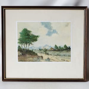 J.W. Rijkers - olio su carta - dipinto paesaggistico olandese della metà del secolo raffigurante un albero con una fattoria e un bellissimo cielo nuvoloso