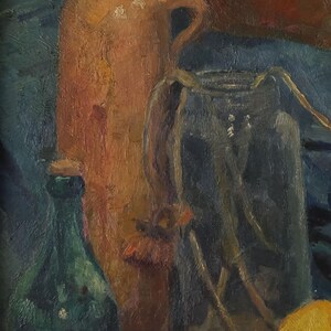 May include: A still life painting featuring a brown ceramic pitcher, a green glass bottle, and a clear glass jar with a brown lid. The objects are arranged on a blue surface.