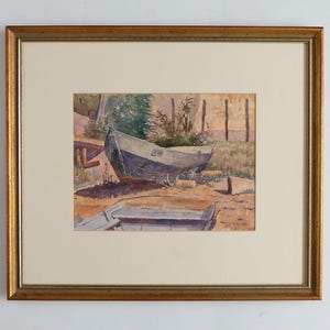 Oskar Binz (Svizzero, 1895–1957) - Acquerello rustico firmato con passe partout bianco e cornice in legno - Vecchie barche a remi in legno sulla costa.