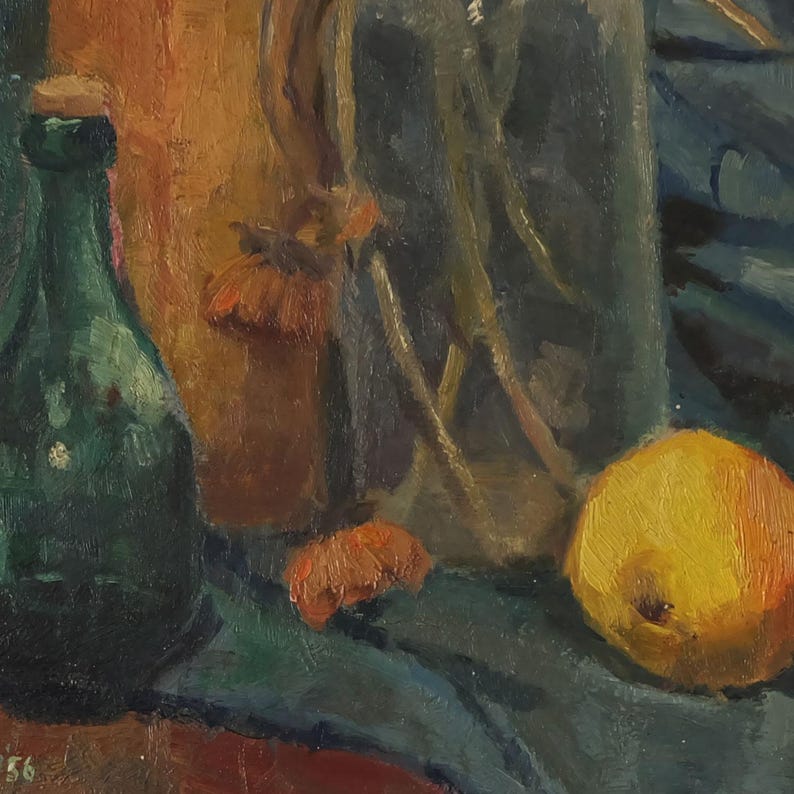 May include: A still life painting featuring a green glass bottle, a brown ceramic jar, a clear glass vase with dried flowers, and a yellow apple on a blue cloth.