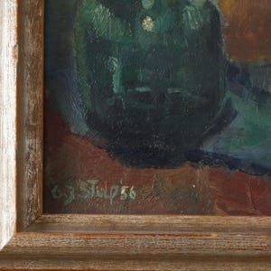 May include: A framed oil painting of a still life with a green bottle and a blue cloth. The painting is signed "G.J. Stuip '56" in the lower right corner.