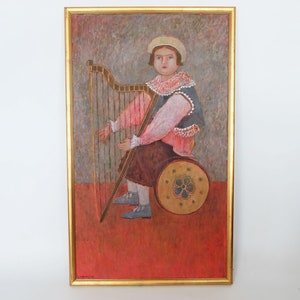 Lucyna Patalita (1955-) - oil painting on canvas, pastel - girl in traditional clothes playing harp - Polish contemporary art painting