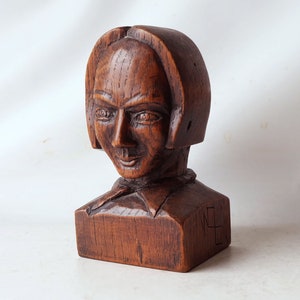 Antique signed wooden sculpture of a woman origin probably France