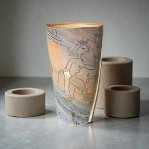 Könnte beinhalten: Eine hohe, handbemalte Keramikvase mit einer einzigartigen Illustration einer Figur. Die Vase hat eine hellorange und graue Farbgebung. Drei kleine, zylindrische Kerzenhalter befinden sich im Hintergrund.