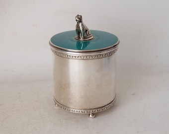 David Andersen, Norway - 925 vintage midcentury silver round box with enameled lid and dog sculpture.