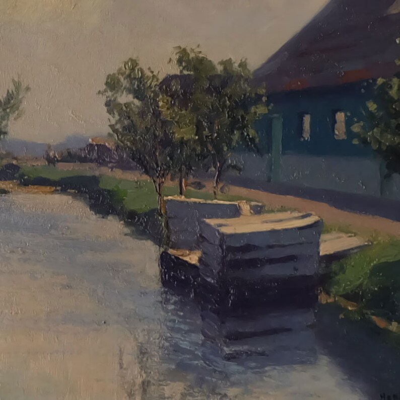 May include: A painting of a canal scene with a small wooden boat docked on the water. The boat is in the foreground, and the canal is in the middle ground. There is a house on the right side of the image, and trees on the left side.