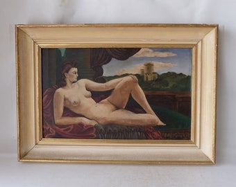 Midcentury oil on wooden panel painting depicting a naked woman on a sofa with a castle in the background.