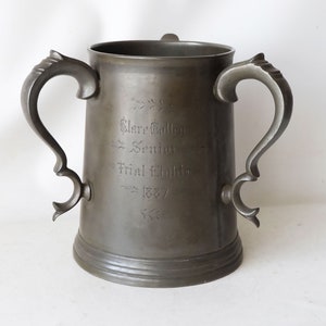 Rare Victorian English antique 3 handle pewter Boat Trophy Clare College Cambridge Senior Trial Eight 1887