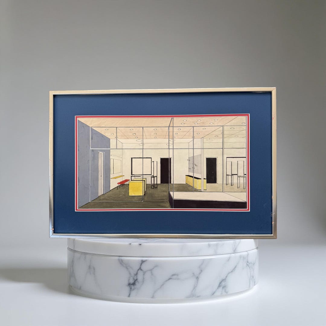 Vintage Mid-century Watercolor Interior Painting in Passse Partout and ...