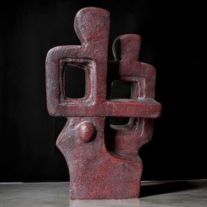 Mid-century abstract handmade red glazed earthenware sculpture - ceramic art pottery - 2 stylized human figures.