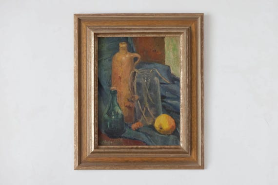 G.J. Stulp - Dutch vintage mid-century still life oil painting - Large gin jug behind a vase with old flowers, green bottle and apple.
