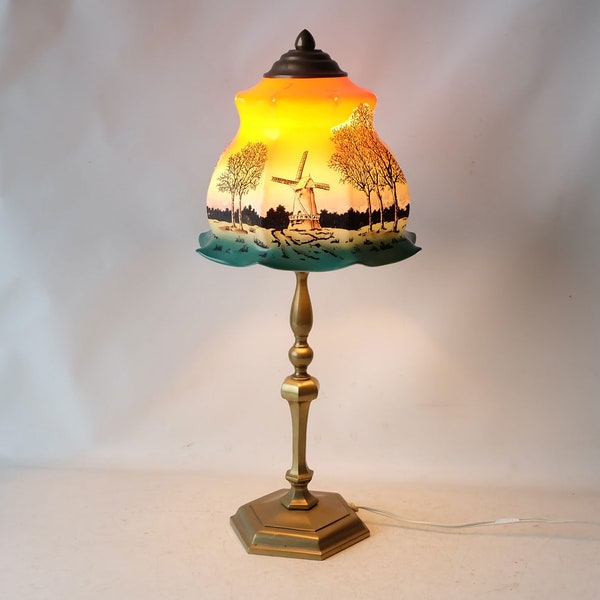 Vintage brass table lamp with hand painted glass shade -- free shipping worldwide --