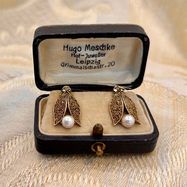 Antique Theodore Fahrner .925 Silver Gilt Filigree Post Earrings with Cultured Pearl and Marcasite Details in Original Hugo Meschke Box