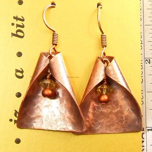 Copper earrings - embossed & hand hammered, hand crafted with yellow crystal