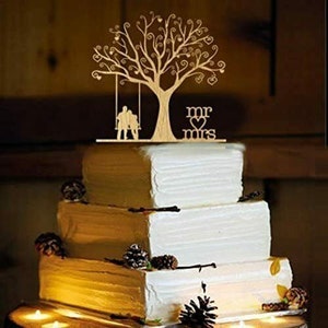 Carved Letters Tree Silhouette Woodland Bird Couple On A Swing Wedding Cake Topper...Made In The USA...Ships From The USA