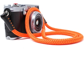 CORDY - Lightweight Orange Braided Cord / Rope & Leather Camera Neck Strap