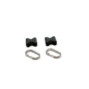 May include: Two black plastic cord locks and two silver split key rings are shown against a white backdrop. The cord locks have a distinctive shape, and the key rings are oval.