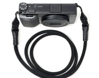 Handgemaakte camerariem van gevlochten touw met OPTech mini-QD-lussen, Ricoh GR Sony RX100