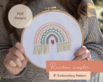 Boho regenboog borduurpatroon pdf | Borduurontwerp voor beginners | Moderne steekvoorbeeld digitale download 8" borduurring