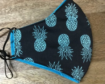 Blue Pineapple Hawaiian Print Face Mask Adjustable Triple Layer with Nose Wire