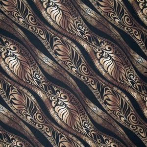May include: A repeating pattern of diagonal, flowing lines in black and gold. The lines are filled with intricate, stylized designs reminiscent of tribal art, including swirls, feather-like shapes, and geometric patterns. The overall effect is ornate and decorative.