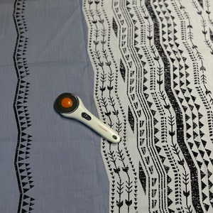Gray Border Black Polynesian Tribsl on White Print Hawaiian Fabric sold by the yard