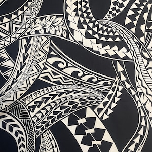 Black White Maile Tribal Tattoo Hawaiian Print Cotton Fabric sold by the yard