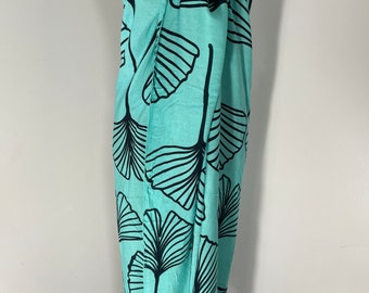 NEW! Rayon Turquoise with Black Ginko Hawaii Print Pareo  / Sarong / Beach Cover up or Wrap / dress