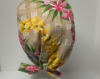 Special Order Purple Crown Flower Pink Plumeria Yellow Ilima lei on Khaki Palaka Nurses Ponytail Cap Reversible Cotton Scrub Cap