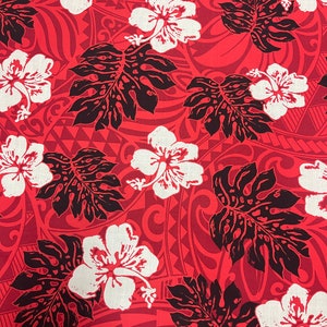 New! Red Tribal Black Monstera Cream Hisbiscus Hawaiian Print Fabric sold by the yard