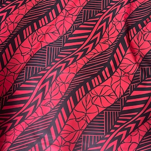 Hawaiian Print Red Black Kalo Tribal Tattoo Poly Cotton Fabric sold by the yard