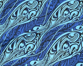 Two Tone Blue Tribal Tattoo Hawaiian Print Fabric sold by the yard