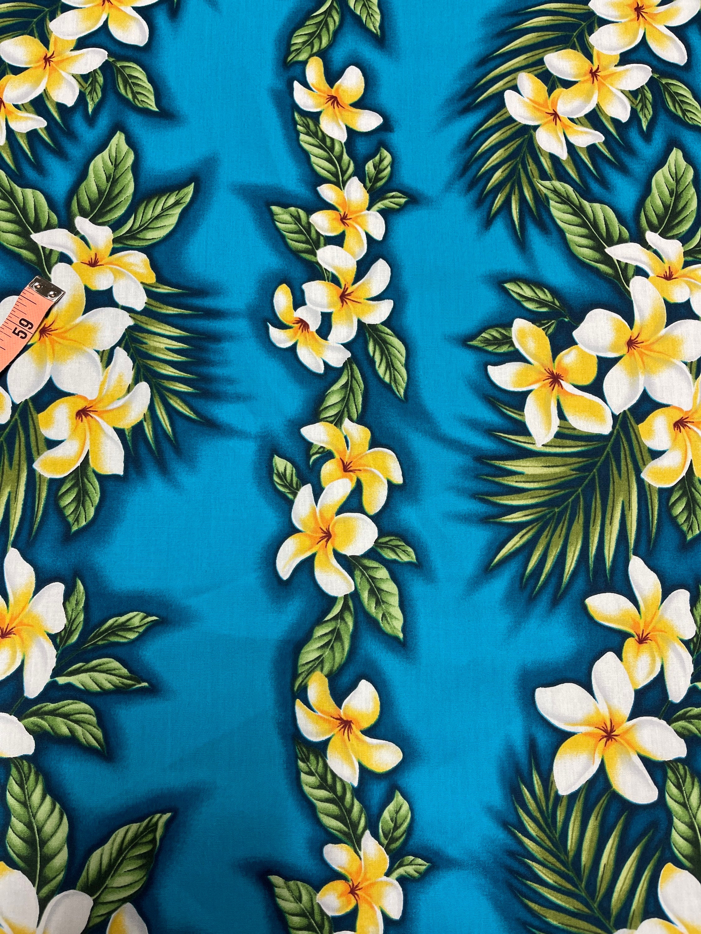 ラ*ー様 お安く!⭕️Custom hawaiian fabric◎Pivot◎ Japan 100% Cotton Turquoise With Yellow Plumeria and Palm Leaf